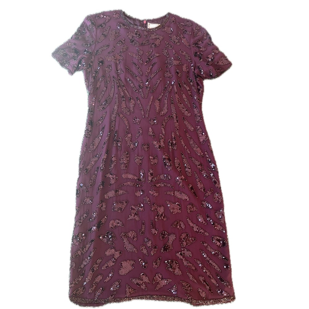 Vintage 80s Silk Sequin Beaded Cocktail Dress Purple Sz 12 Art Deco Flapper Chic
